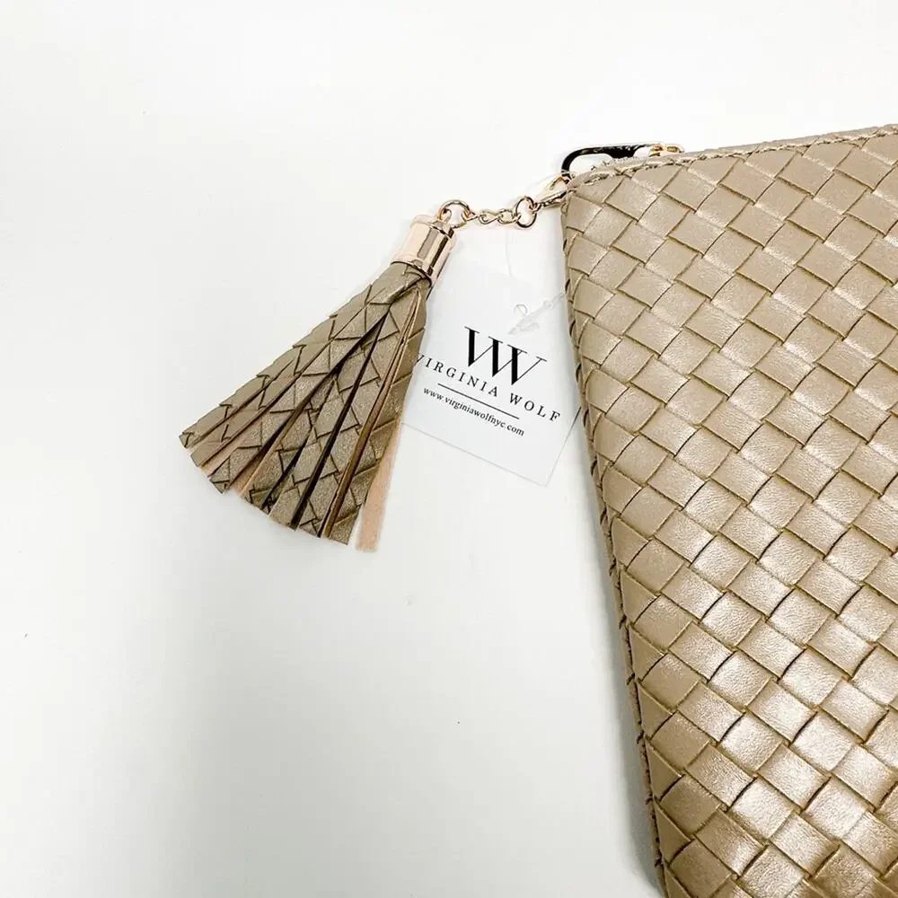 NEW Virginia Wolf Mimi Gold Criss Cross Weave Clutch, NWT, MSRP $88